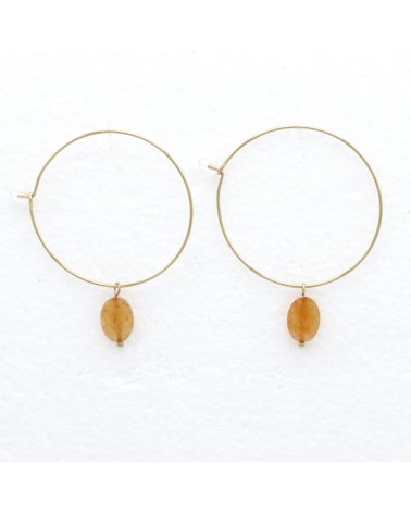 Boucles d'oreilles créole en acier et agate olive PAULINE camel