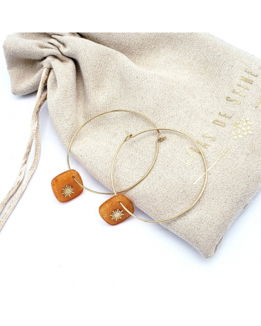 boucles d'oreilles créole en acier inoxydable et agate naturelle carré MATHILDE camel