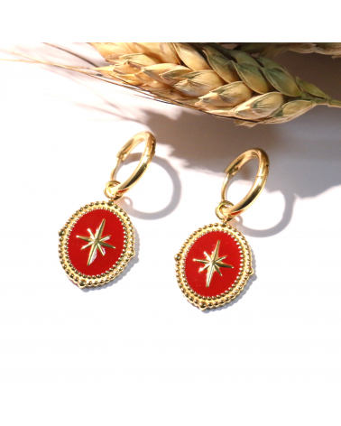 Boucles d'oreilles petites créoles bohème et baroque en acier inoxydable avec pendentif étoile du nord en émail ADRIELLE-rouge