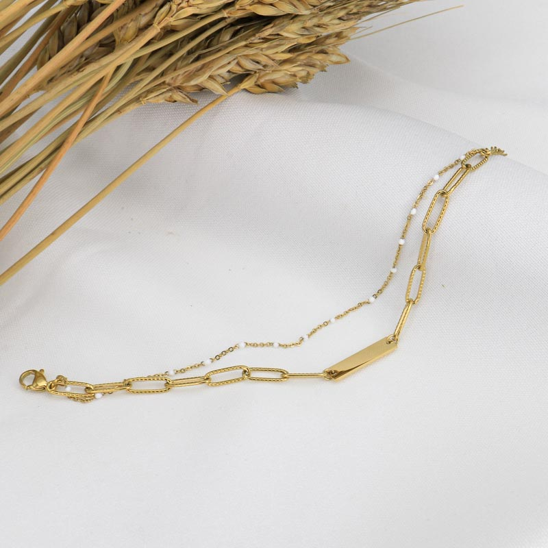Bracelet layering pendentif gourmette en acier inoxydable CORDELIA- blanc