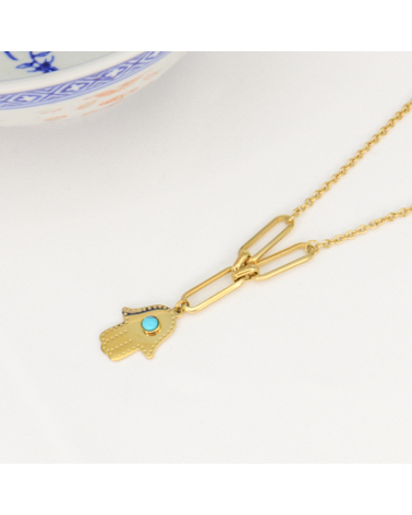 Collier ethnique avec pendentif main de FATMA protectrice en acier inoxydable COPPELIA-turquoise