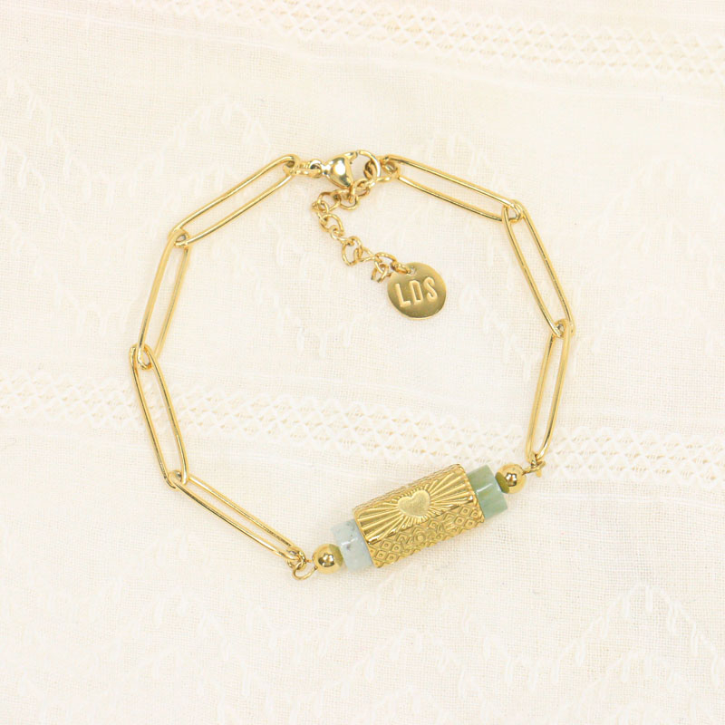 Bracelet pierres naturelles et talisman gravé multi faces en acier inoxydable DELVINA-vert d'eau