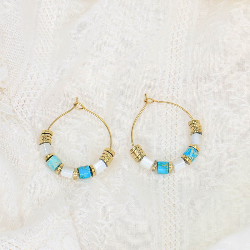 Boucles d'oreilles anneaux avec perles pierre et disques en acier inoxydable DESILIA-turquoise