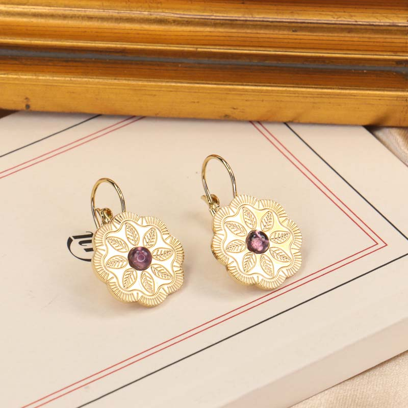 Boucles d'oreilles ethnique avec fleur gravée acier et pierre DIEM-violet