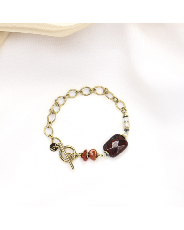 Bracelet en pierre naturelle et fermoir T en acier ELEEN-rouge