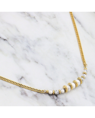 Collier ras de cou en acier doré et pierre naturelle ELIF-blanc