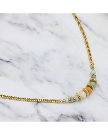 Collier ras de cou en acier doré et pierre naturelle ELIF-vert d'eau