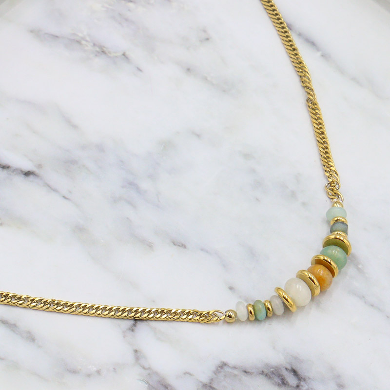 Collier ras de cou en acier doré et pierre naturelle ELIF-vert d'eau