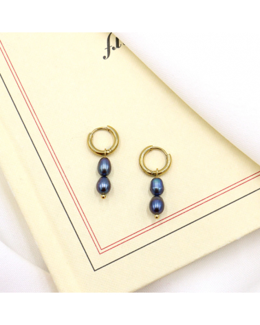 Boucles d'oreilles anneaux en acier et perles d'eau douce ELLINA -doré