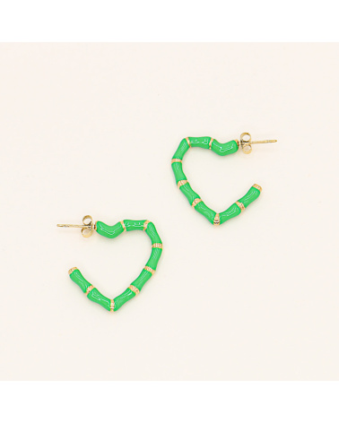 Créoles coeur-bambou en acier et émail ELIORA-vert