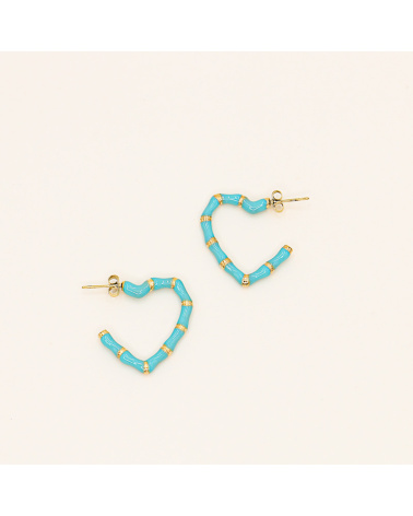 Créoles coeur-bambou en acier et émail ELIORA-turquoise