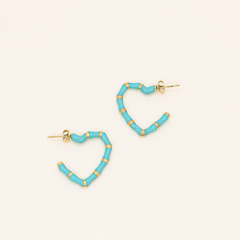 Créoles coeur-bambou en acier et émail ELIORA-turquoise