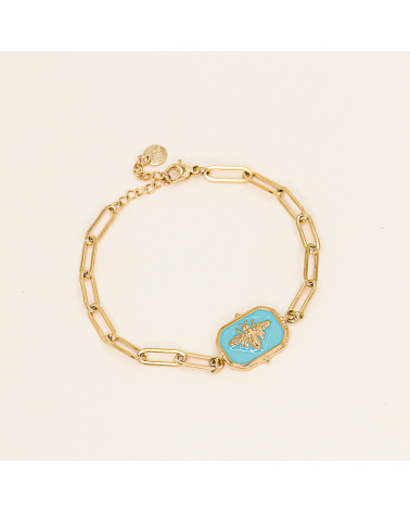 Bracelet pendentif abeille en acier et émail ELPHIE-turquoise