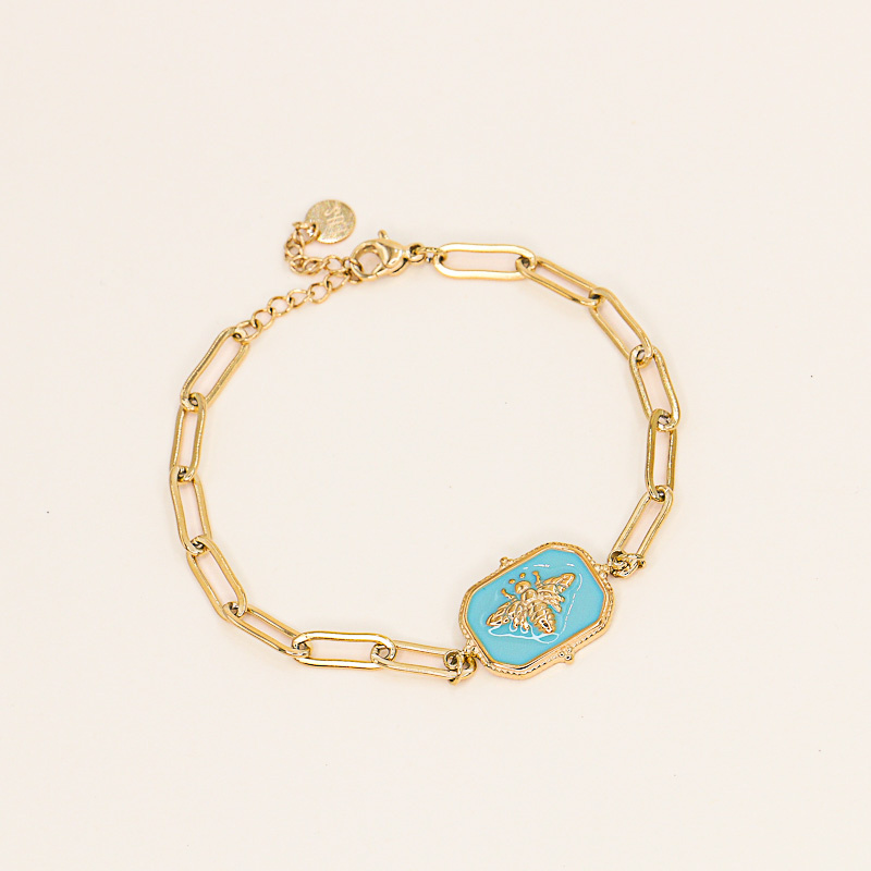 Bracelet pendentif abeille en acier et émail ELPHIE-turquoise