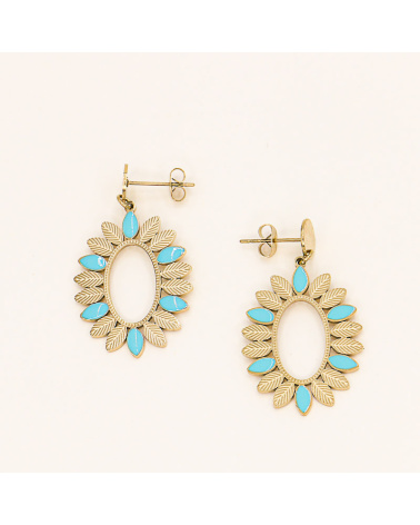 Boucles d'oreilles pendantes plumes en acier et émail ELVIA-turquoise
