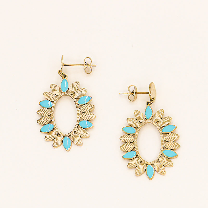 Boucles d'oreilles pendantes plumes en acier et émail ELVIA-turquoise