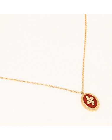 Collier médaille émail et serpent en acier inoxydable SHELLEY-rouge