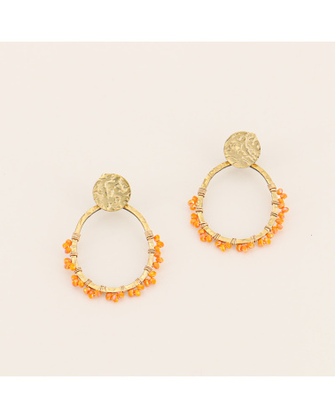 Boucles d'oreilles anneaux en acier et perles brodées ELYA-orange