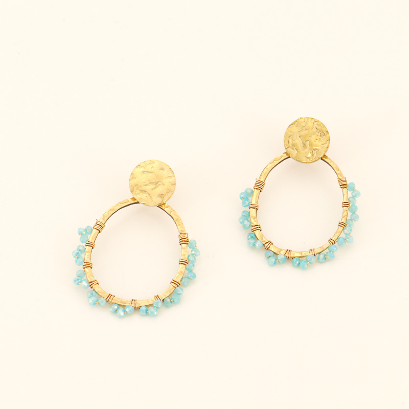Boucles d'oreilles anneaux en acier et perles brodées ELYA-turquoise
