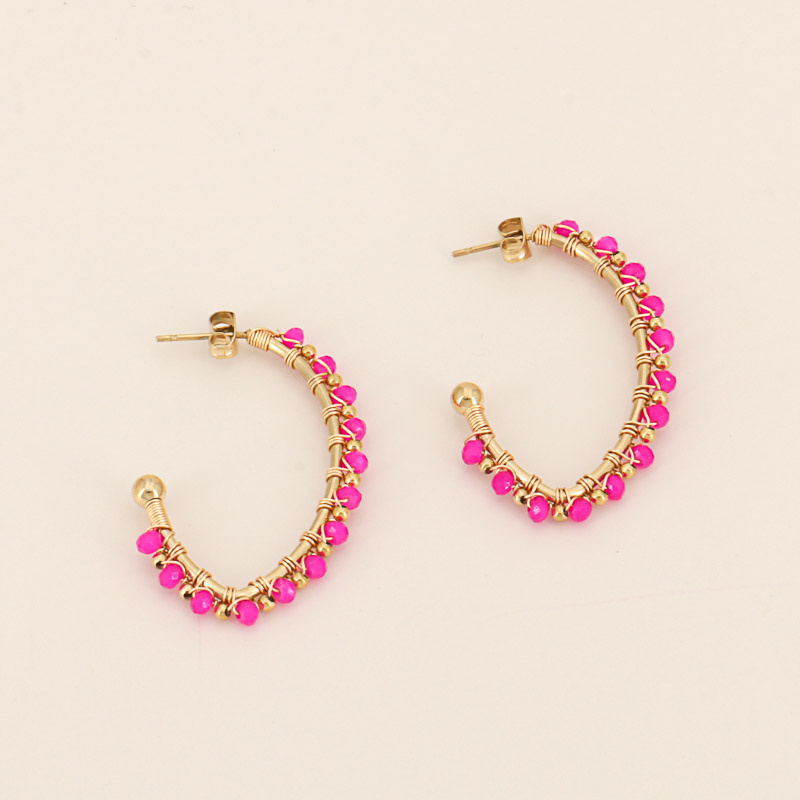 Créoles en acier et perles brodées ELYANA-rose