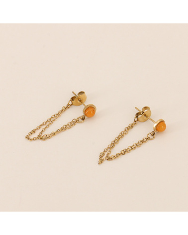 Boucles d'oreilles chaînes sous-lobe en acier et pierre naturelle ELIKIA-orange