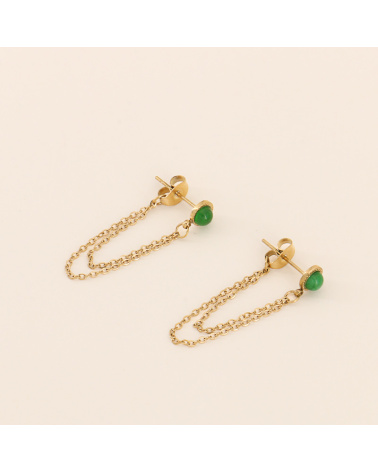 Boucles d'oreilles chaînes sous-lobe en acier et pierre naturelle ELIKIA-vert