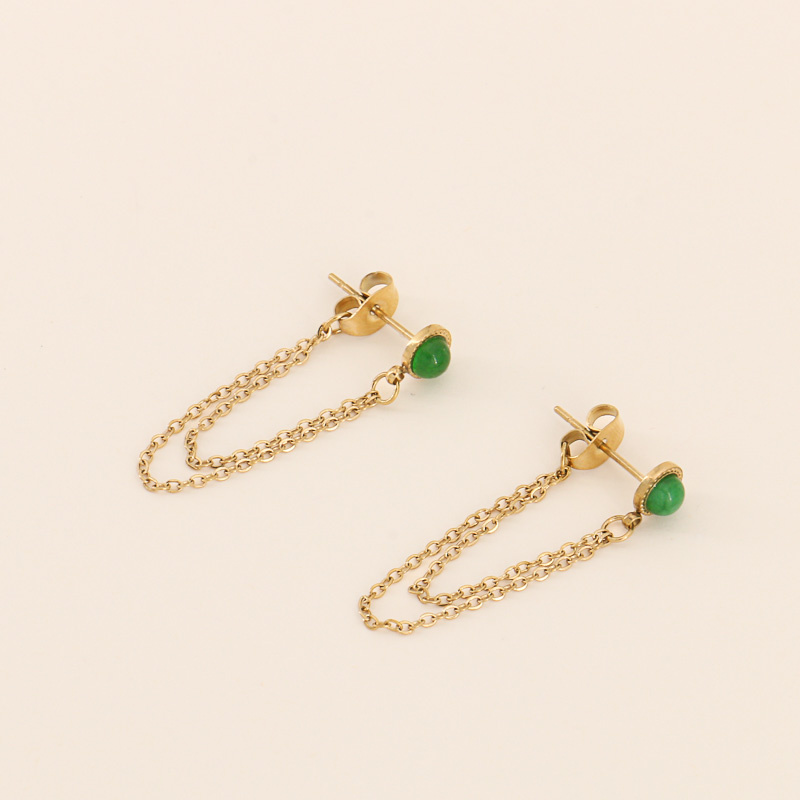 Boucles d'oreilles chaînes sous-lobe en acier et pierre naturelle ELIKIA-vert