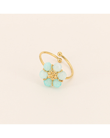 Bague fleur en pierre et acier inoxydable EMANE-bleu