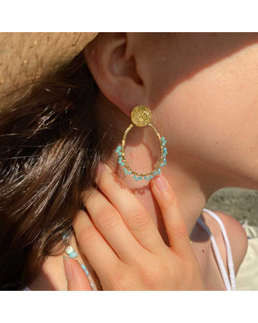 Boucles d'oreilles anneaux en acier et perles brodées ELYA
