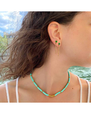 Boucles d'oreilles chaînes sous-lobe en acier et pierre naturelle ELIKIA-vert