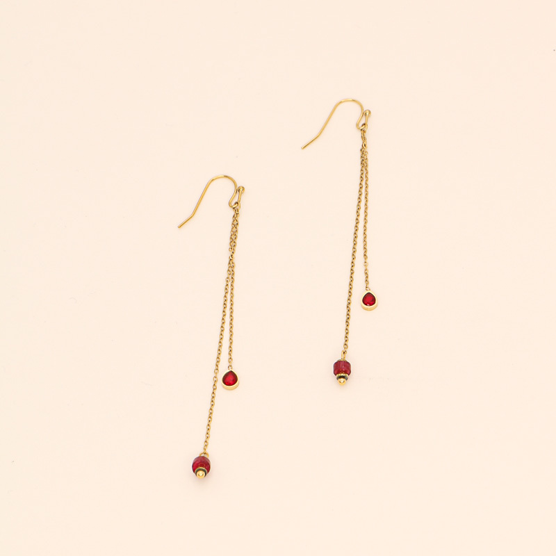 Boucles d'oreilles pendantes strass et pierres ERENA-rouge