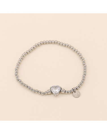 Bracelet élastique à billes acier et coeur strass EZEL argenté