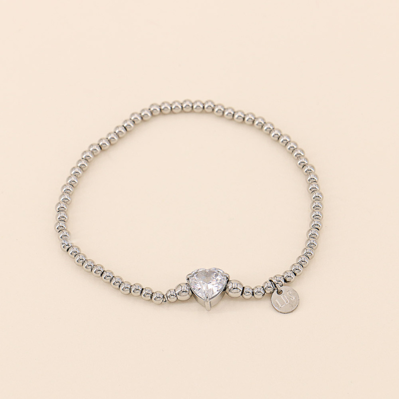 Bracelet élastique à billes acier et coeur strass EZEL argenté