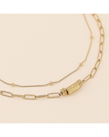 Collier deux-rangs en acier et porte-bonheur gravé FABIANA doré