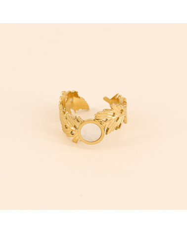 Bague couronne de plumes acier et nacre FANNY blanc