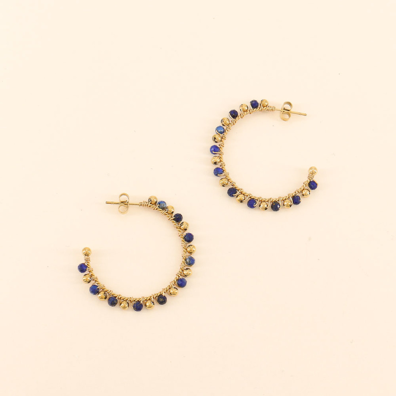 Créoles acier avec perles en pierres véritables FEDERICA bleu foncé