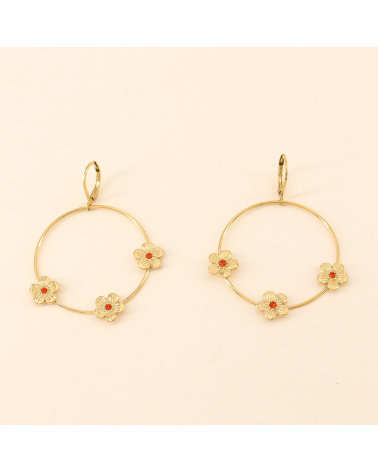 Boucles d'oreilles anneaux et fleurs des champs en acier et cristal FELISE rouge
