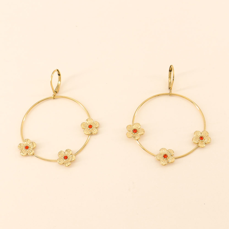 Boucles d'oreilles anneaux et fleurs des champs en acier et cristal FELISE rouge