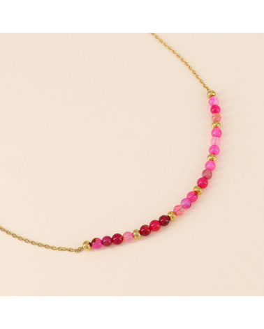 Collier acier et billes en pierres naturelles FIBY fushia