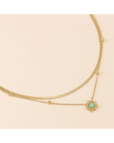 Collier double-rangs pendentif soleil et pierre véritable FIDJI vert aqua