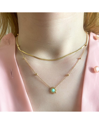 Collier double-rangs pendentif soleil et pierre véritable FIDJI