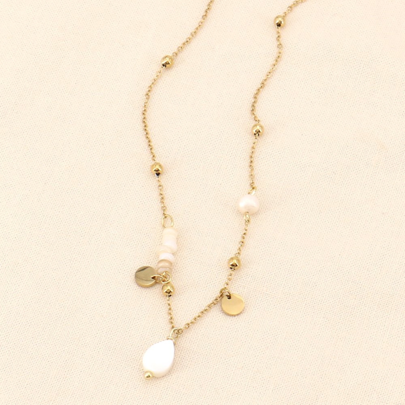 Collier bohème en acier, pierres et nacre FLORIA blanc