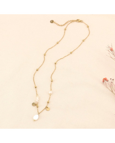 Collier bohème en acier, pierres et nacre FLORIA blanc