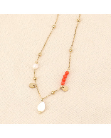 Collier bohème en acier, pierres et nacre FLORIA rouge corail