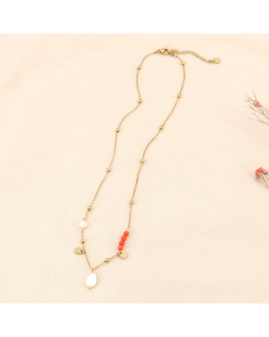 Collier bohème en acier, pierres et nacre FLORIA rouge corail