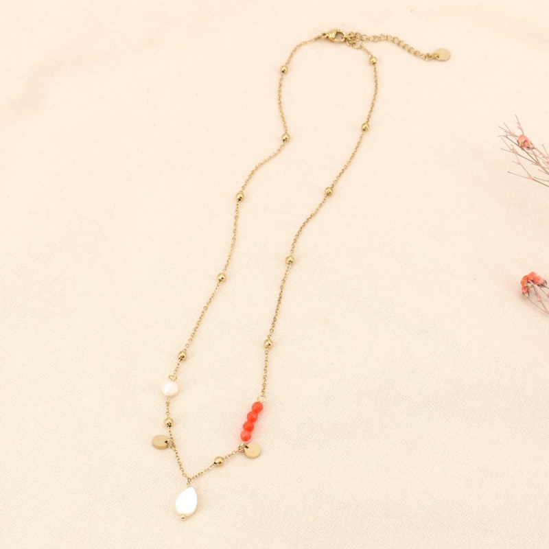 Collier bohème en acier, pierres et nacre FLORIA rouge corail