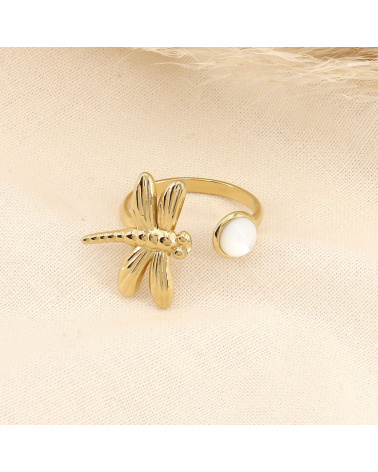Bague libellule acier et pierre GALADRIEL-nacre