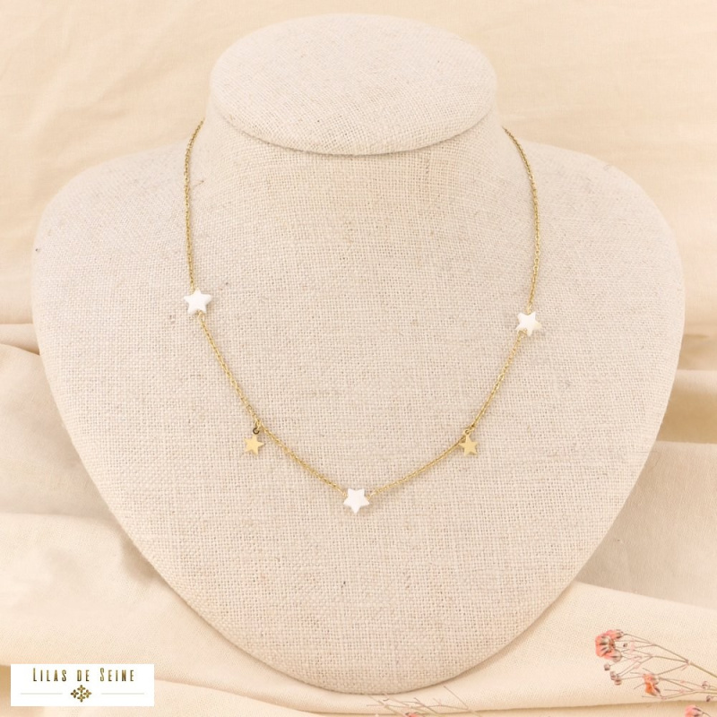 Collier étoiles nacre et acier FLORENTINE-blanc