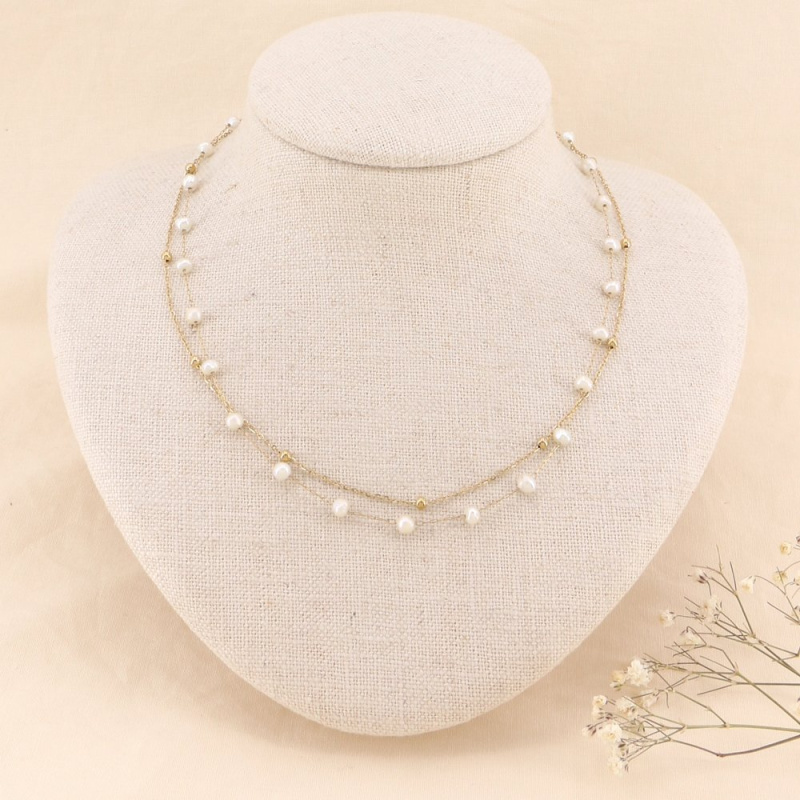 Collier double-rangs acier et perles véritables GALLY doré