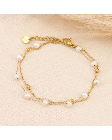 Bracelet layering acier et perles d'eau douce véritables GAIA doré